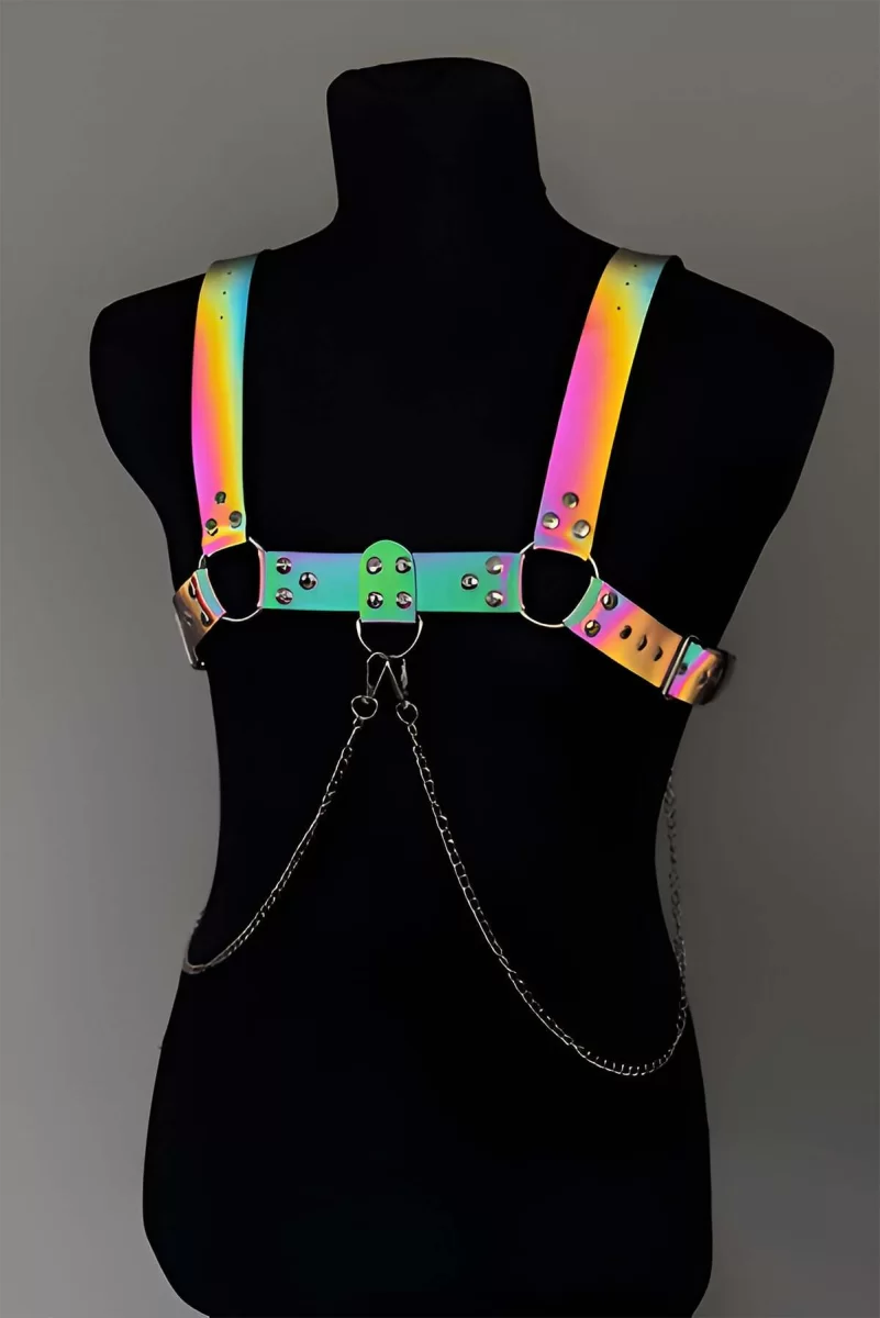 Rainbow Reflektörlü (karanlıkta Parlayan) Zincir Detaylı Şık Erkek  Göğüs Harness, Reflektörlü Clubwear - Brfm109