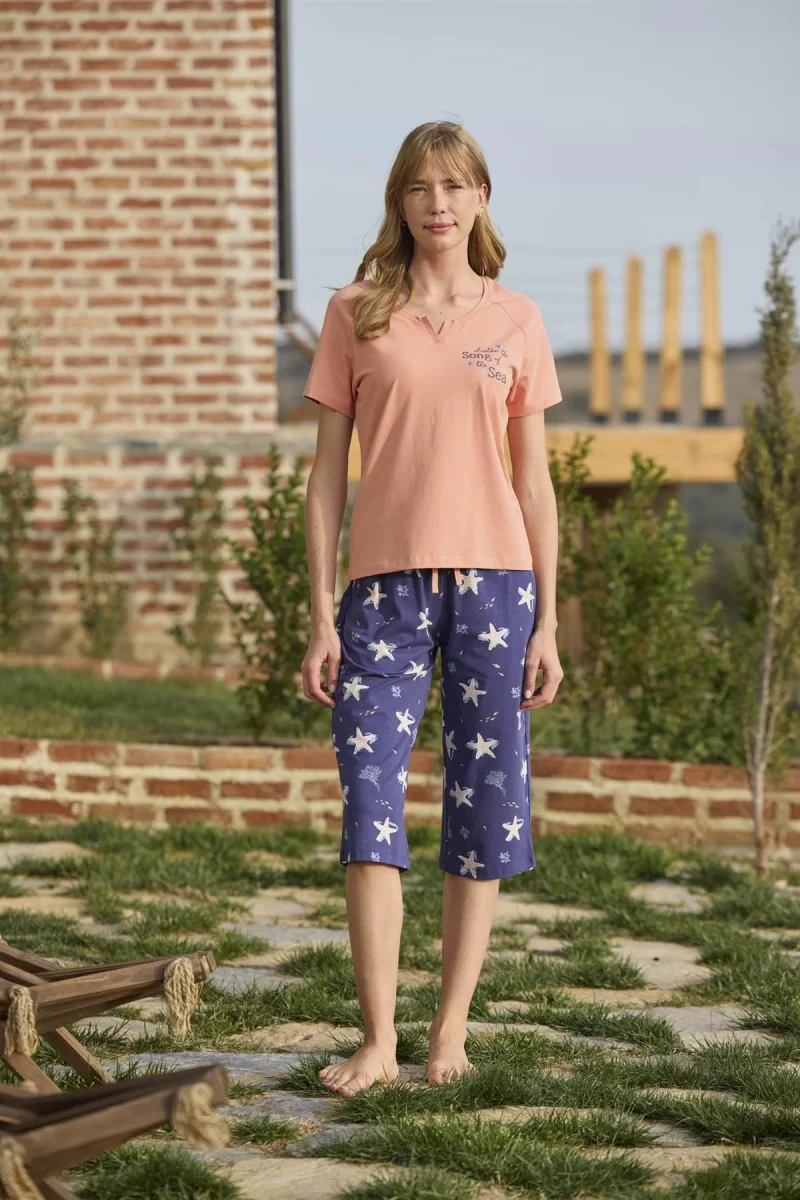 Deniz Yıldızı Desenli Ve Baskılı Önü Düğmeli "listen The Song Of The Sea" Kapri Takımı