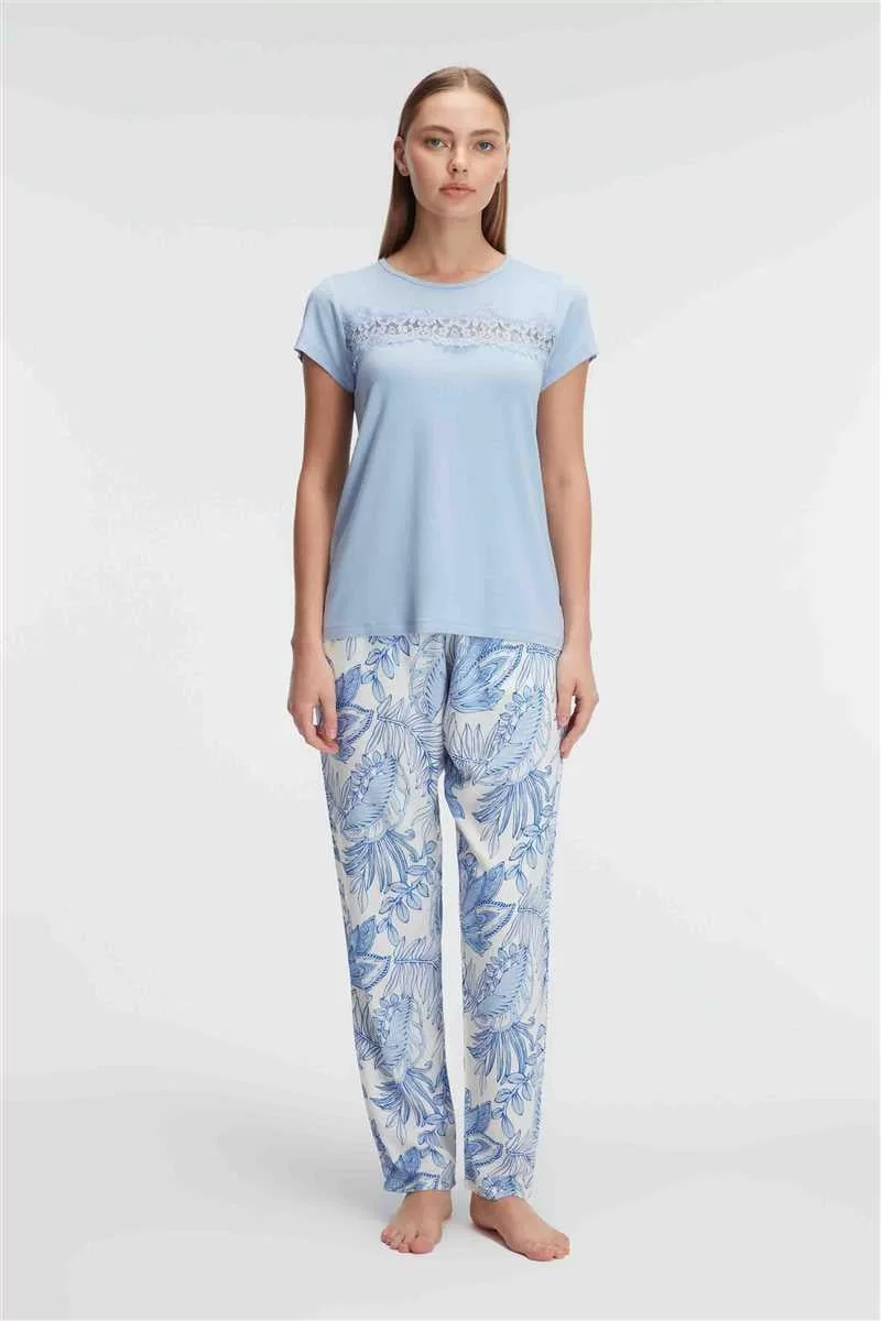 Kısa Kol Bisiklet Yaka Kadın Viskon Çiçek Desenli Yazlık Örme Dantel Detaylı Pijama Takımı