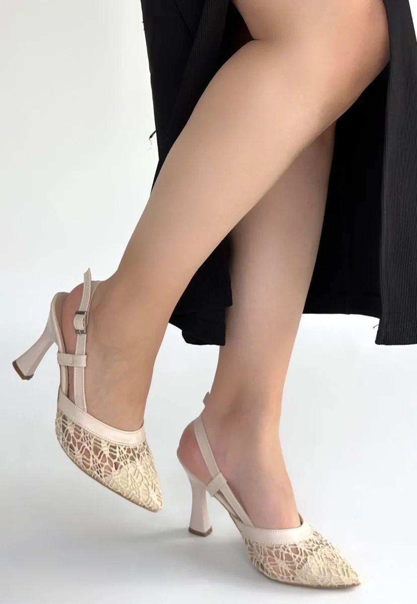 Ceta Bej Cilt Tül Detaylı Topuklu Ayakkabı