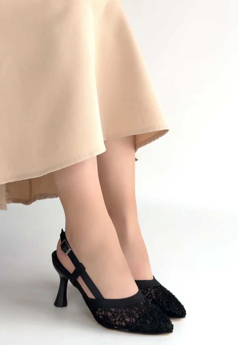 Ceta Siyah Cilt Tül Detaylı Topuklu Ayakkabı