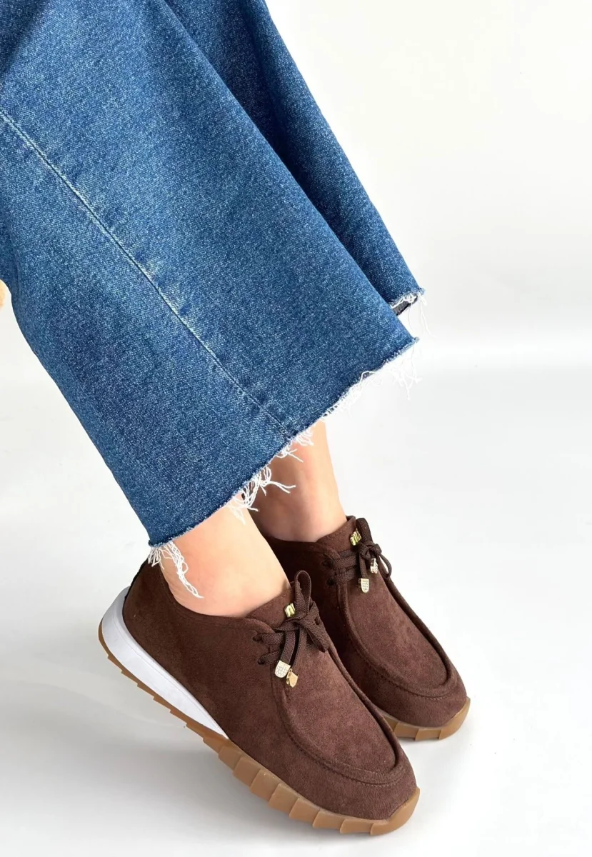 Sier Kahverengi Süet Bağcıklı Spor Ayakkabı