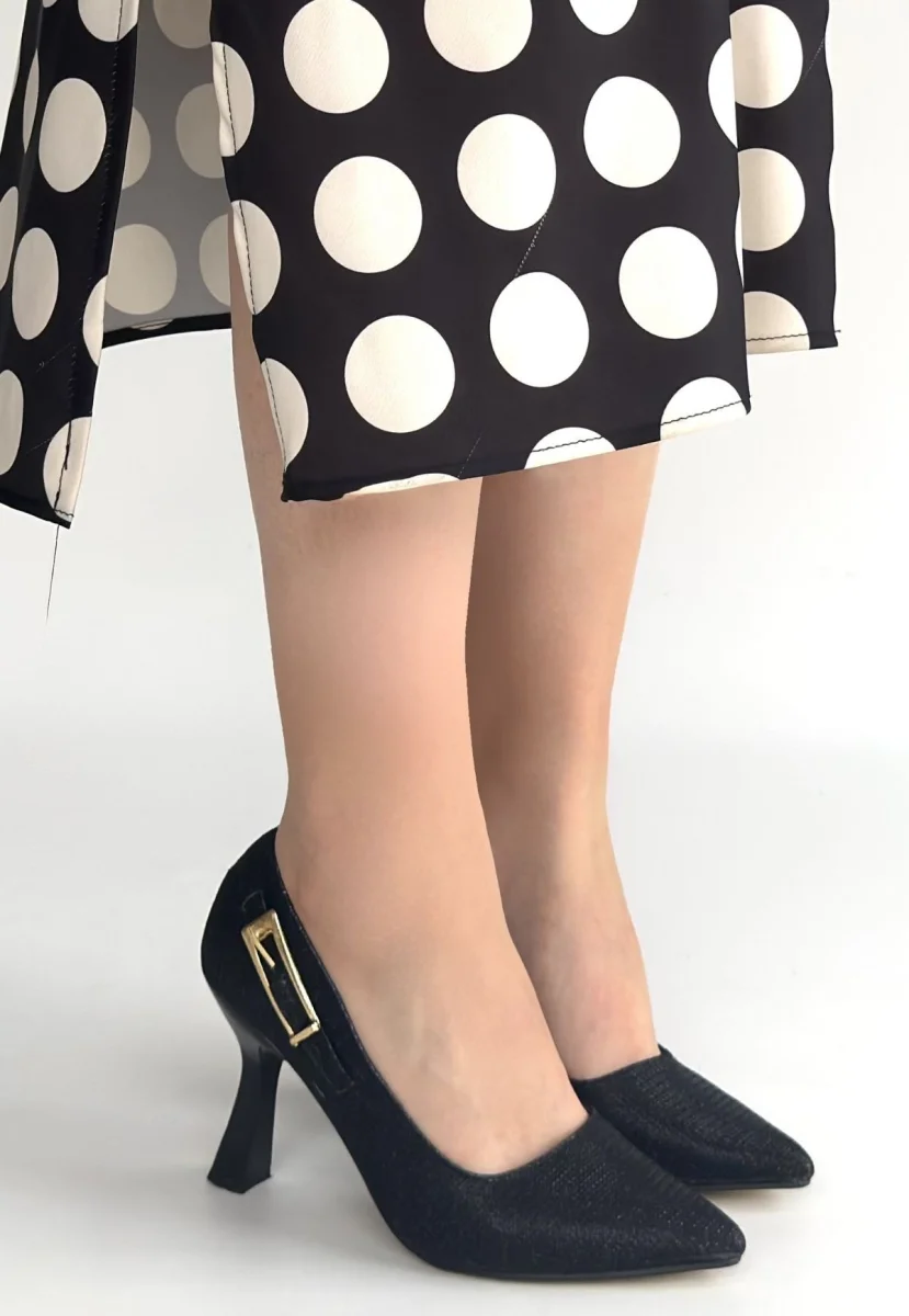 Cerin Siyah Saten Simli Topuklu Ayakkabı