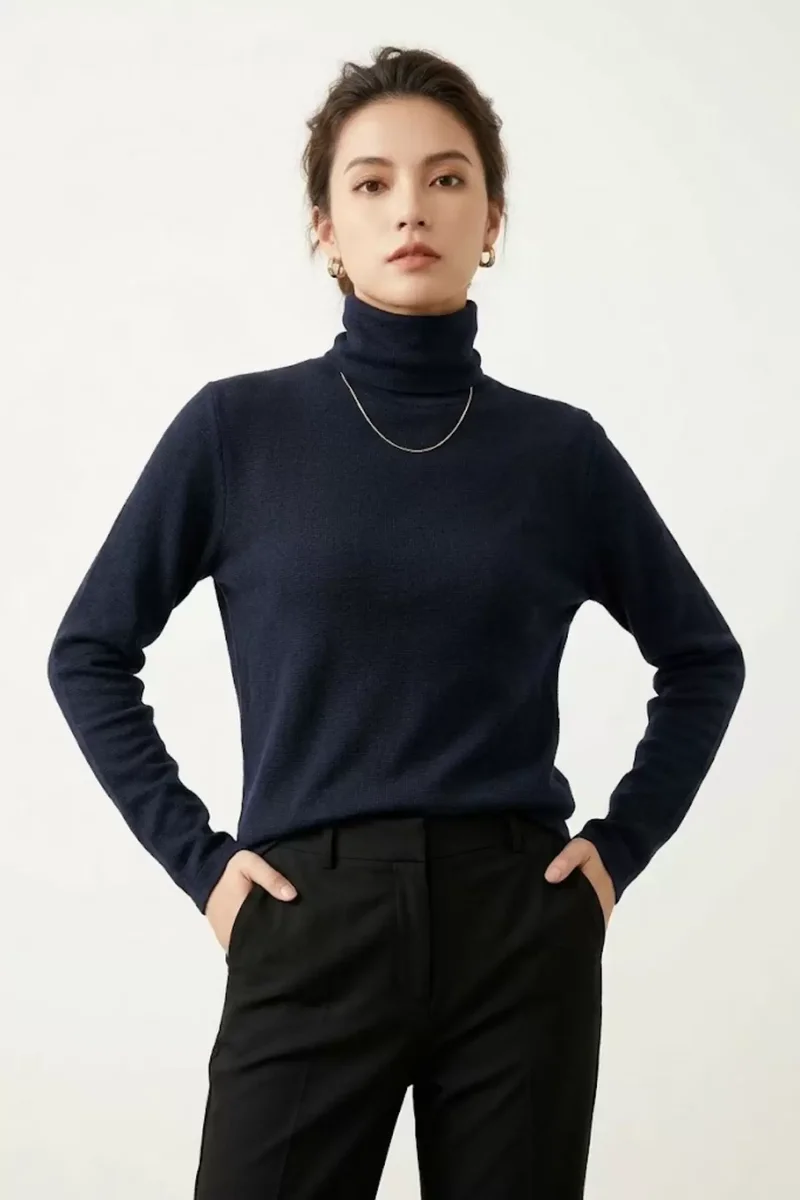 Kadın Lacivert Pamuklu Boğazlı Balıkçı Yaka Şardonlu İnce Kazak Slim Fit Bluz