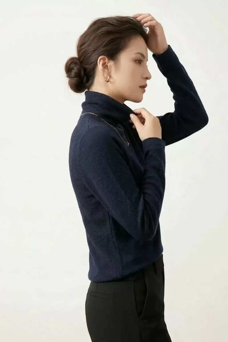 Kadın Lacivert Pamuklu Boğazlı Balıkçı Yaka Şardonlu İnce Kazak Slim Fit Bluz