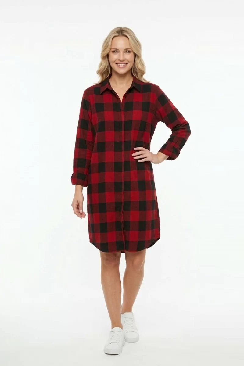 Kadın Kırmızı Siyah Ekose Desenli Düğmeli Uzun Kollu Pamuklu Gömlek Tunik Elbise