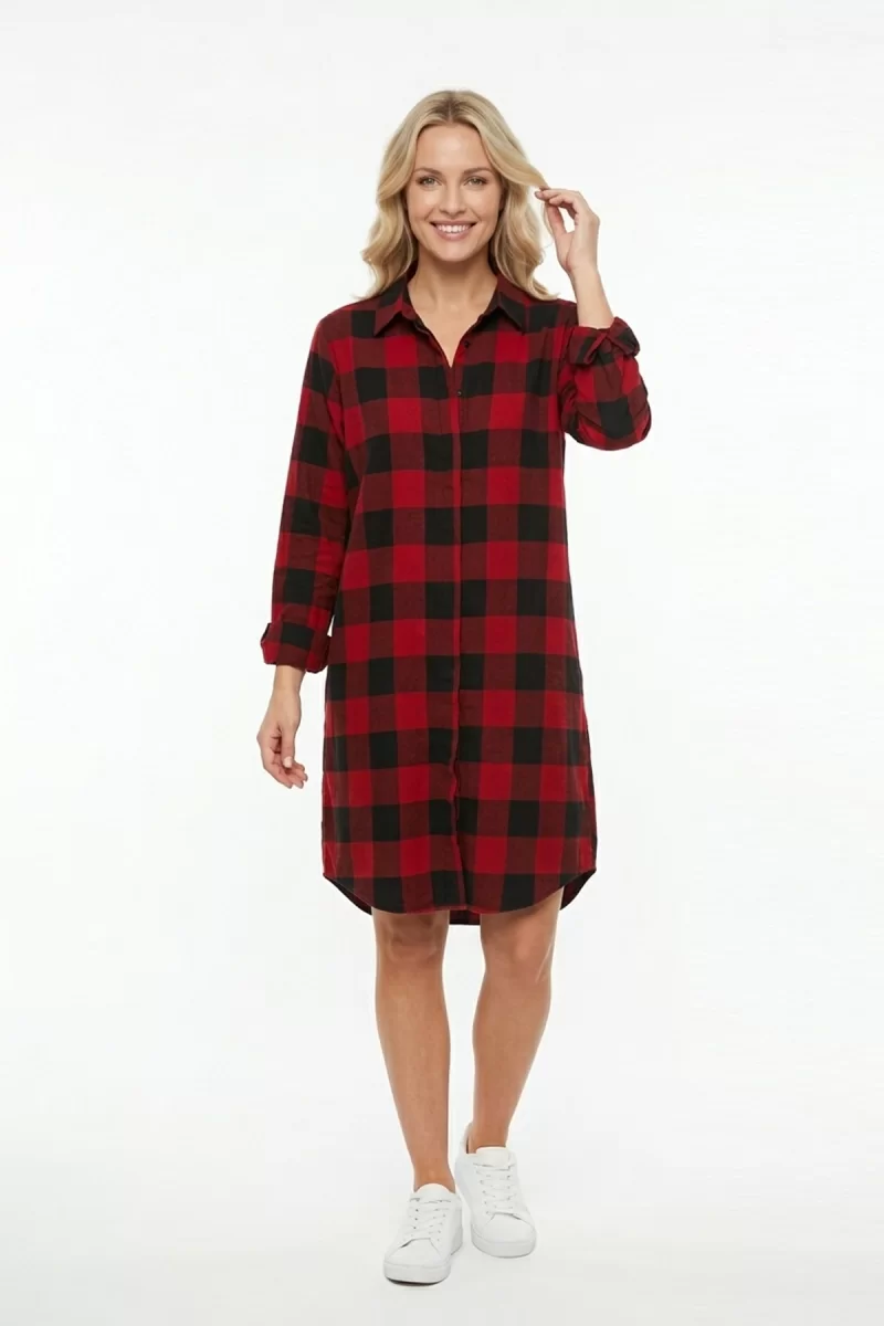 Kadın Kırmızı Siyah Ekose Desenli Düğmeli Uzun Kollu Pamuklu Gömlek Tunik Elbise
