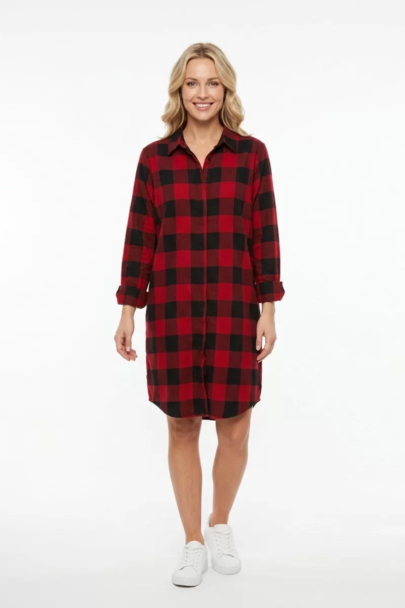 Kadın Kırmızı Siyah Ekose Desenli Düğmeli Uzun Kollu Pamuklu Gömlek Tunik Elbise