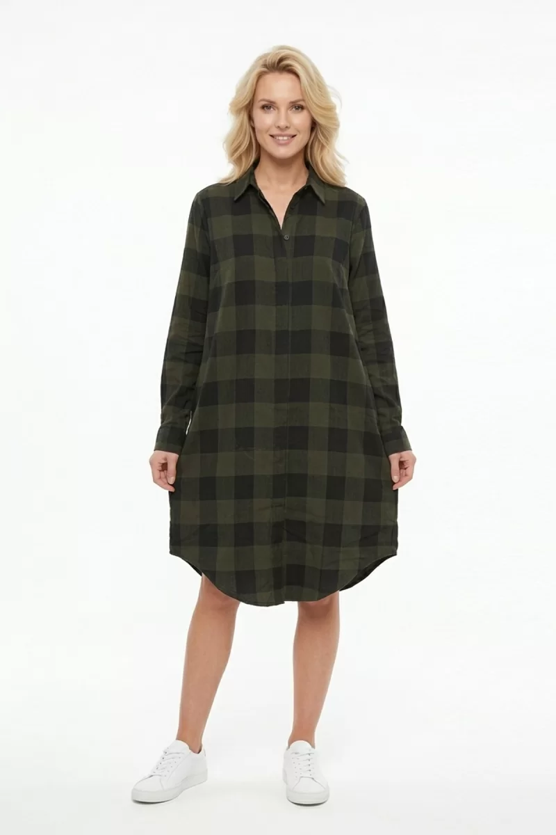 Kadın Haki Siyah Ekose Desenli Düğmeli Uzun Kollu Pamuklu Gömlek Tunik Elbise