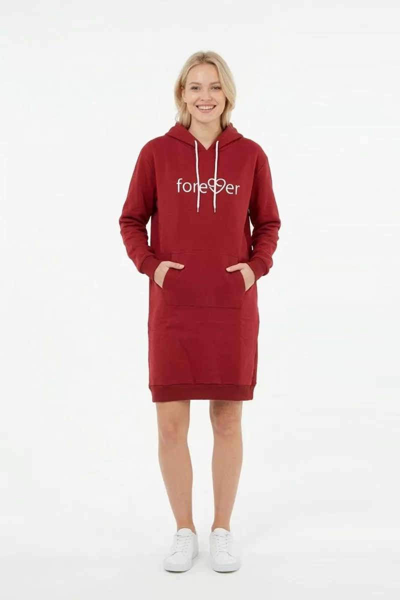Kadın Bordo Forever Baskılı Kapüşonlu Kanguru Cepli Uzun Sweatshirt Tunik Elbise