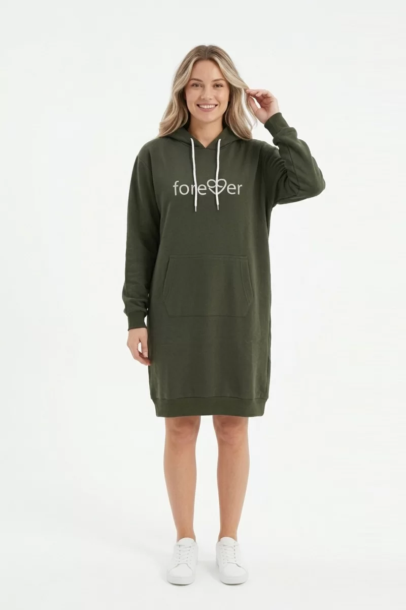 Kadın Haki Forever Baskılı Kapüşonlu Kanguru Cepli Uzun Sweatshirt Tunik Elbise