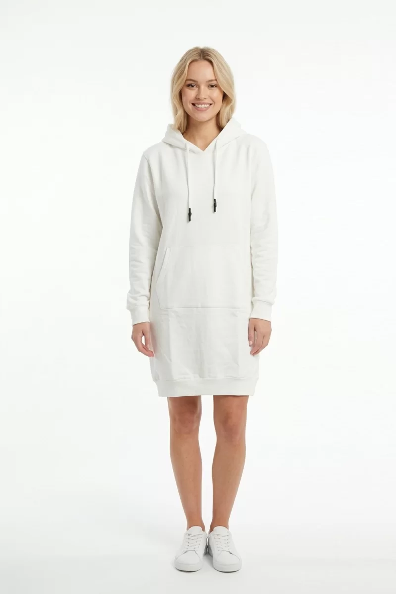 Kadın Beyaz Kapüşonlu Kanguru Cep Detaylı Uzun Kollu  Sweatshirt Tunik Elbise
