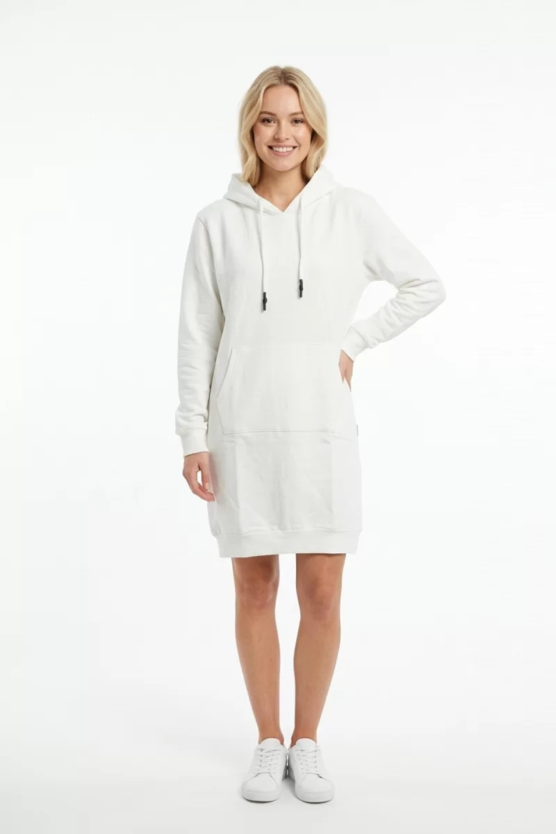 Kadın Beyaz Kapüşonlu Kanguru Cep Detaylı Uzun Kollu  Sweatshirt Tunik Elbise