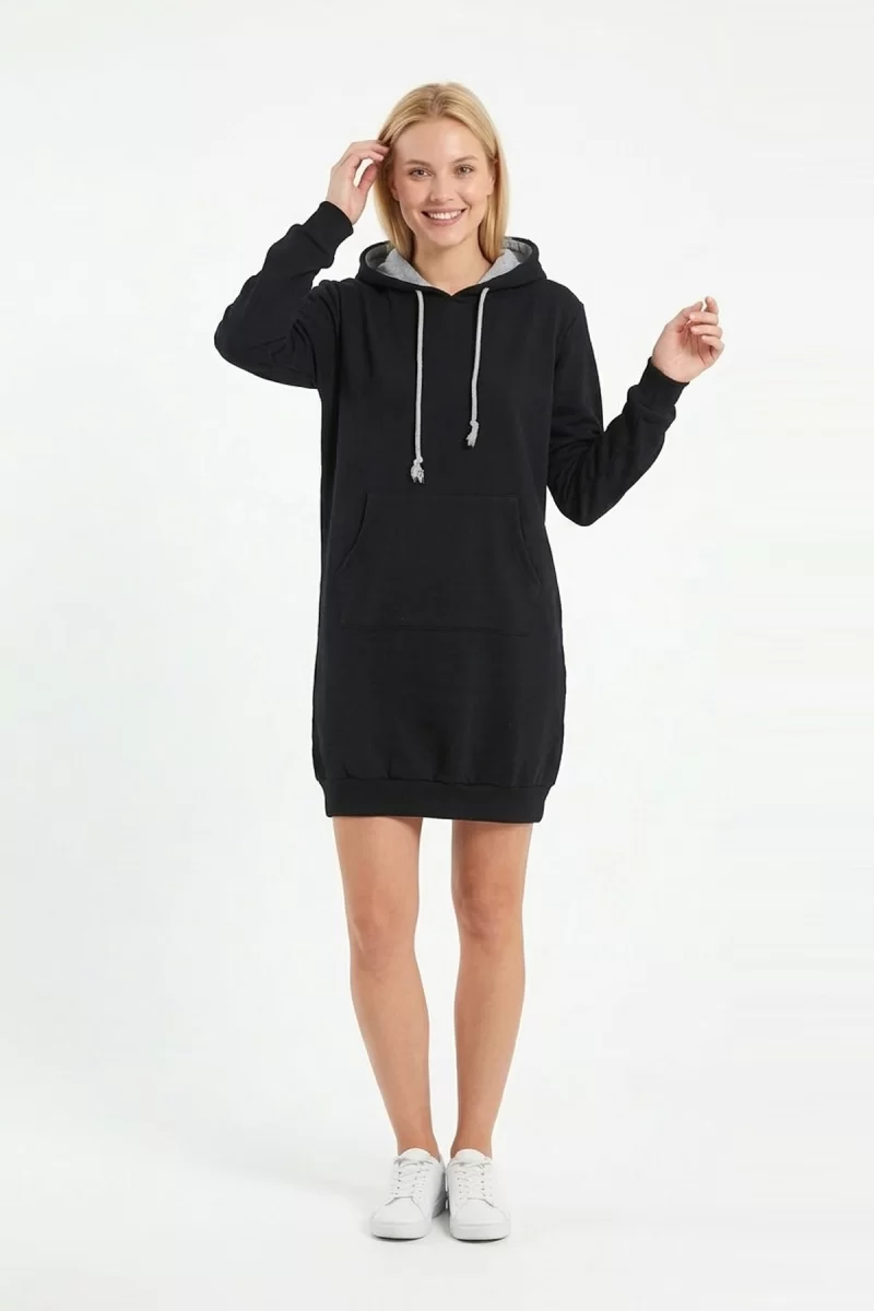 Kadın Siyah Kapüşonlu Kanguru Cep Detaylı Uzun Kollu  Sweatshirt Tunik Elbise