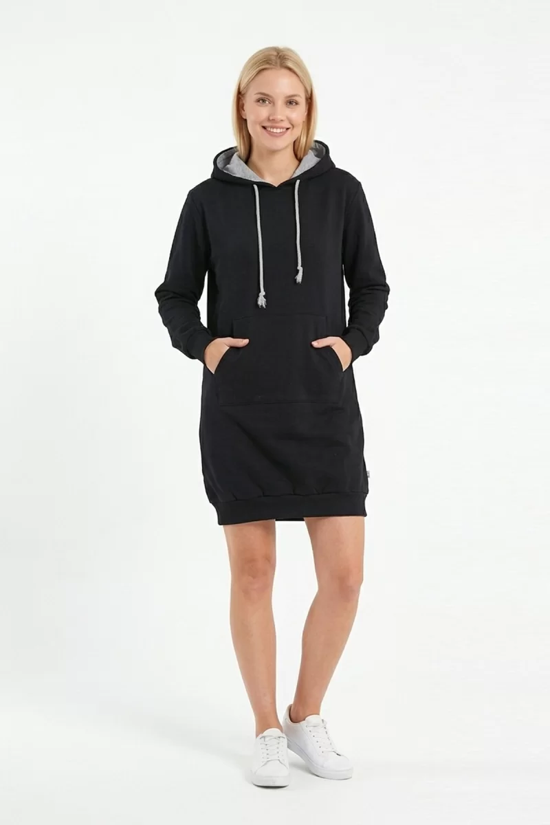 Kadın Siyah Kapüşonlu Kanguru Cep Detaylı Uzun Kollu  Sweatshirt Tunik Elbise