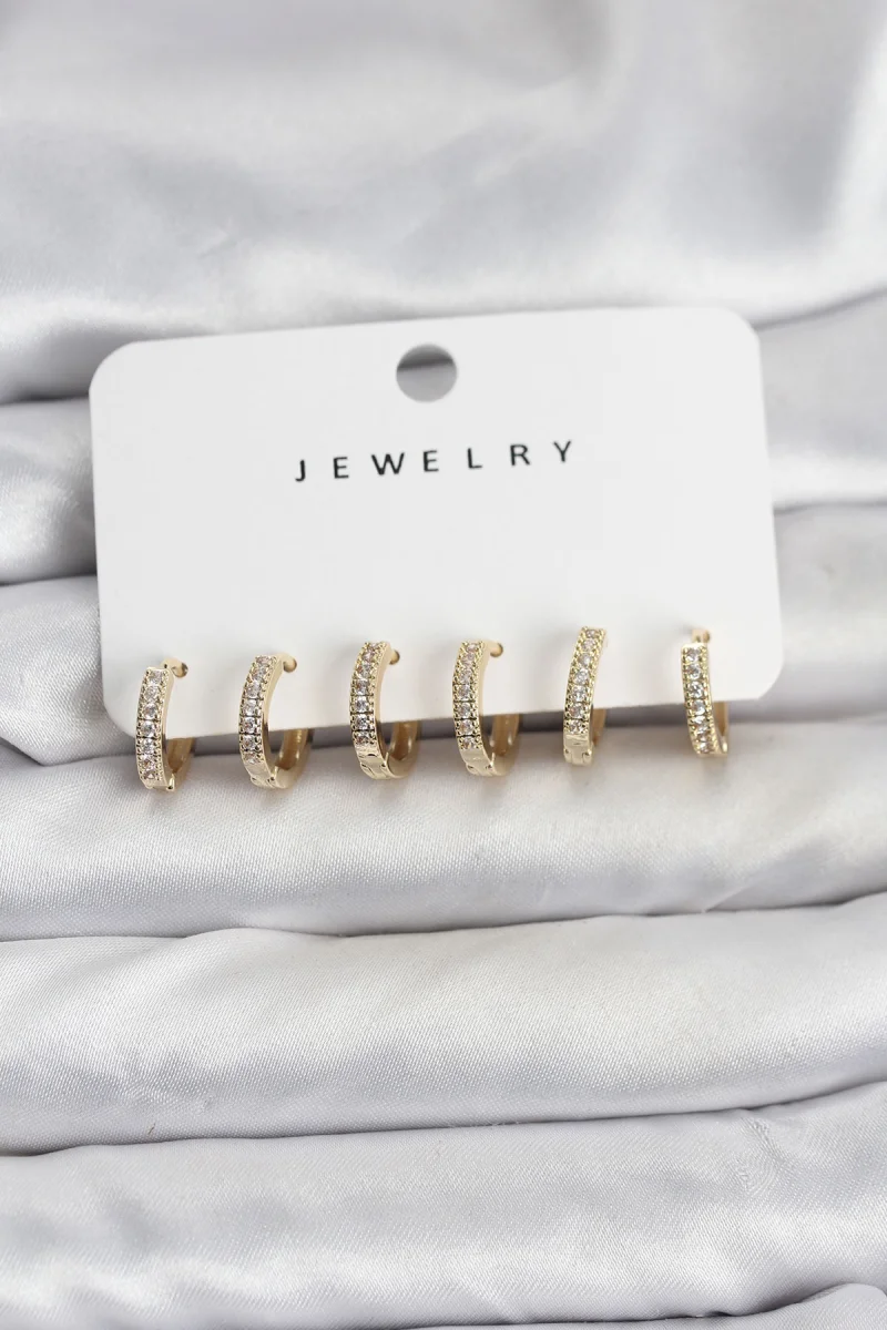 Gold Renk Pirinç Zirkon Taşlı Halka Kadın Küpe Seti