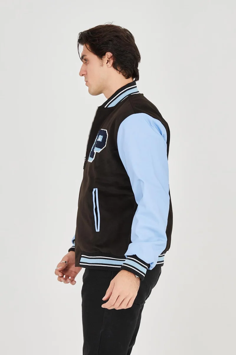 İçten Elyaf ve Astarlı Kolları Suni Deri Ceket - Mavi -