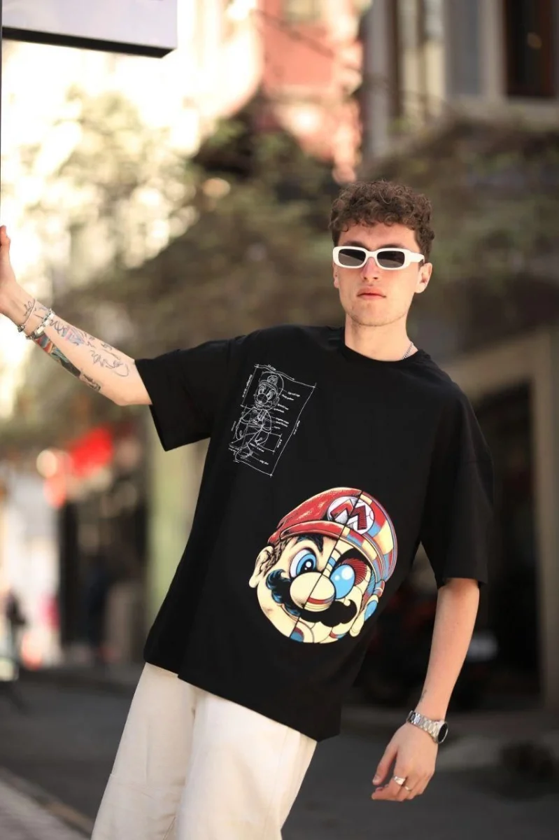 Mario Baskılı Oversize T-Shirt - Siyah -