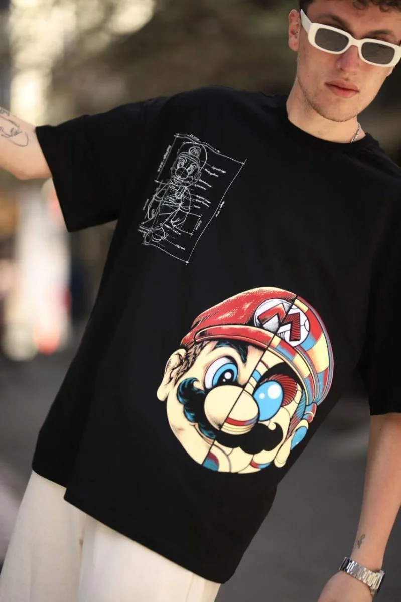 Mario Baskılı Oversize T-Shirt - Siyah -