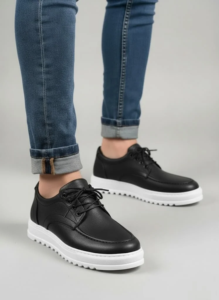 JY-T12x Arts Bağcıklı Cilt Erkek Günlük Spor Klasik Ayakkabı CBT - Siyah