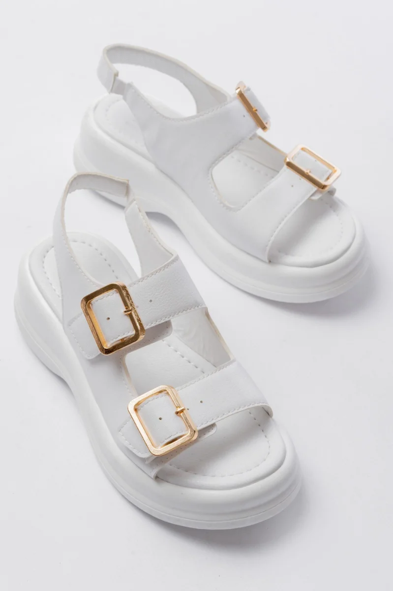 Kaji Beyaz Cilt Çift Tokalı Sandalet