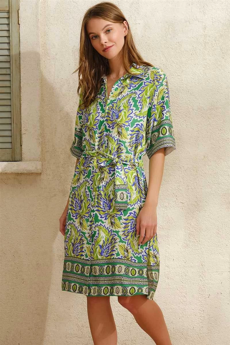 Kısa Yarım Kol V Yaka Kadın Viskon Çiçek Desenli Yazlık Uzun Elbise
