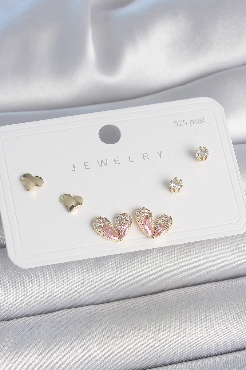 Pirinç Gold Renk Pembe Zirkon Taşlı Kalp Model 925 Ayar Gümüş Çivi Kadın Küpe Seti