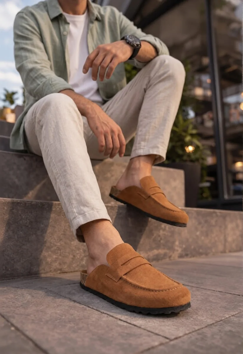 JY0456 Rayn Bağcıksız Hakiki Süet Deri Erkek Günlük Mantar Taban Loafer Klasik Ayakkabı HDMT - Taba