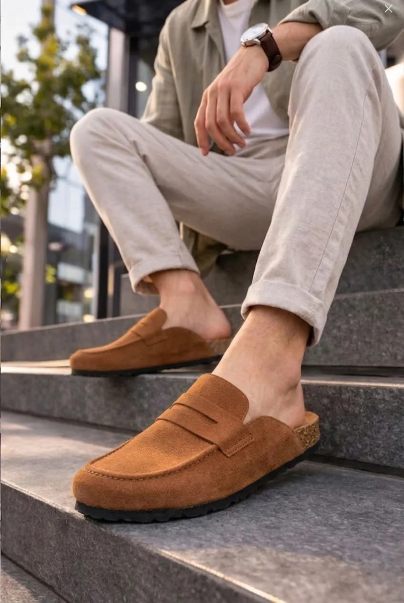 JY0456 Rayn Bağcıksız Hakiki Süet Deri Erkek Günlük Mantar Taban Loafer Klasik Ayakkabı HDMT - Taba