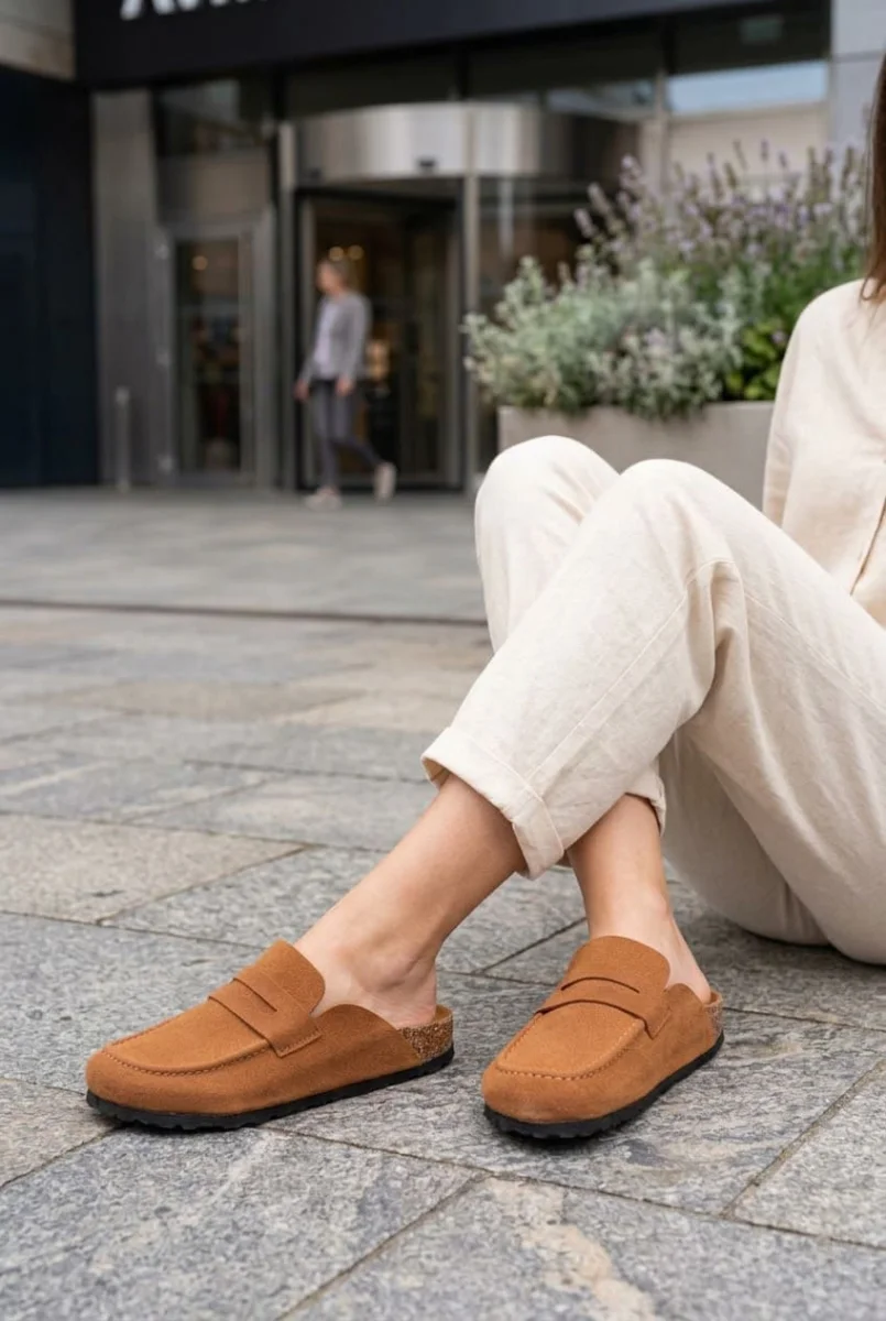 LUVRA Bağcıksız Hakiki Süet Deri Kadın Günlük Mantar Taban Loafer Klasik Ayakkabı HDMT - Taba