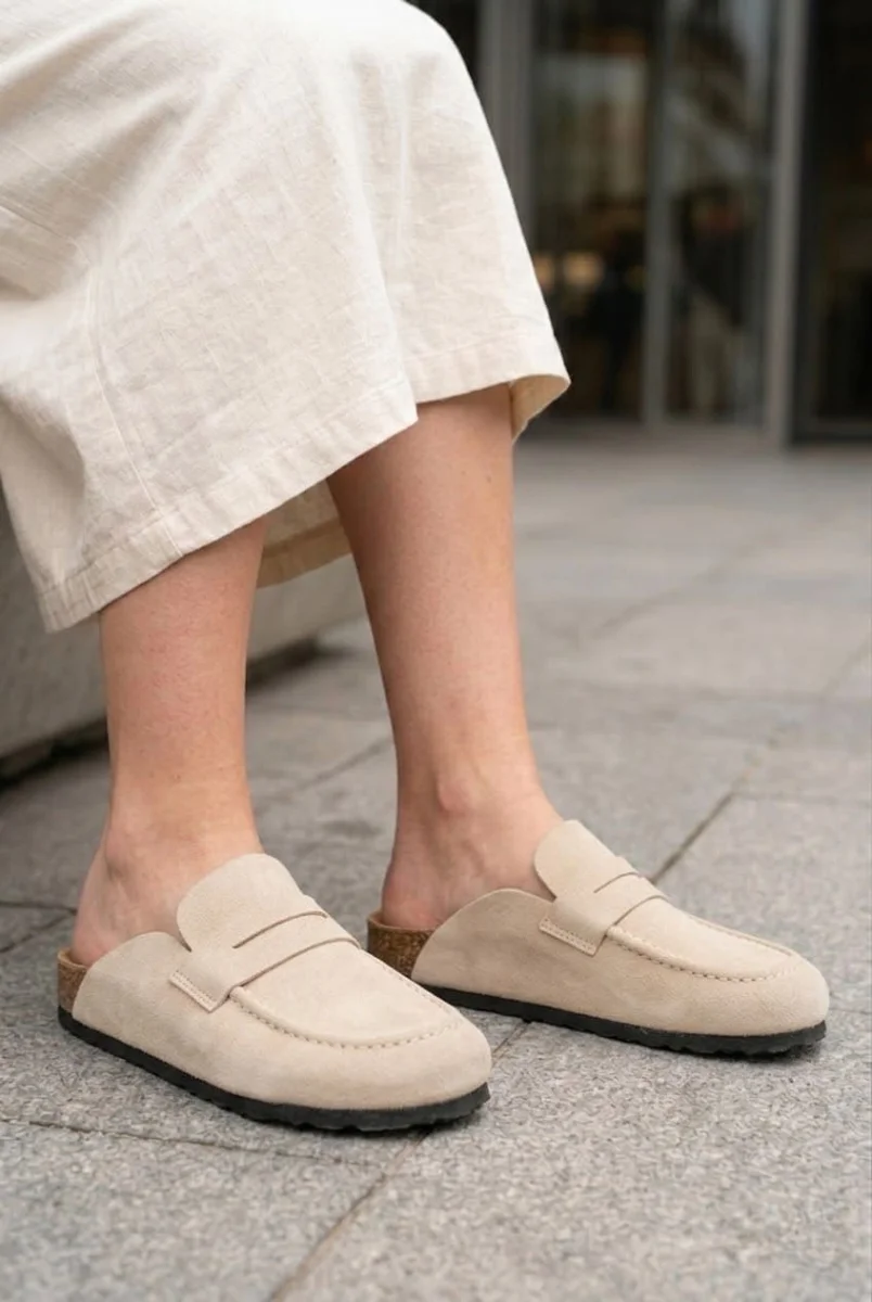 LUVRA Bağcıksız Hakiki Süet Deri Kadın Günlük Mantar Taban Loafer Klasik Ayakkabı HDMT - Krem