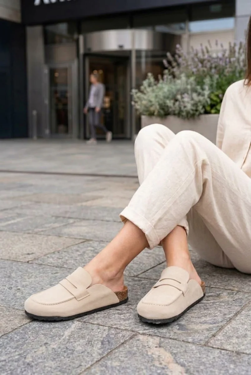 LUVRA Bağcıksız Hakiki Süet Deri Kadın Günlük Mantar Taban Loafer Klasik Ayakkabı HDMT - Krem