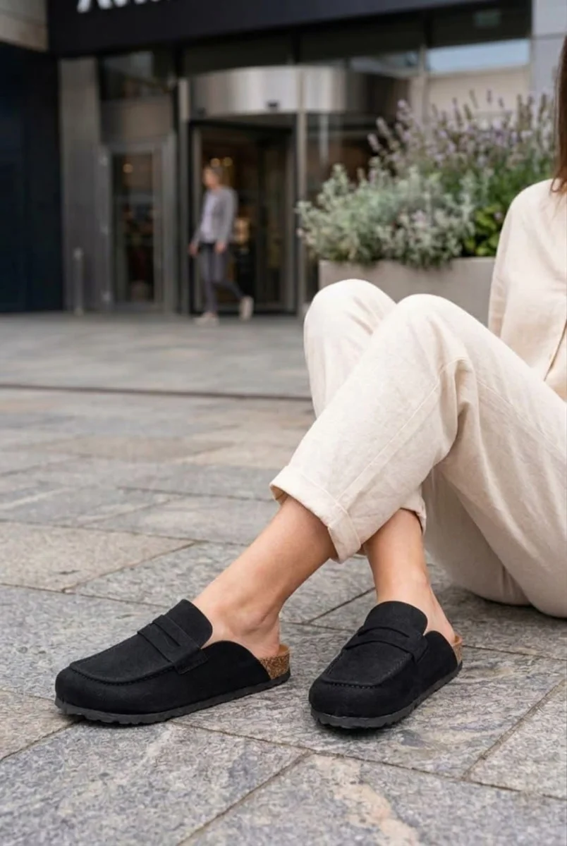 LUVRA Bağcıksız Hakiki Süet Deri Kadın Günlük Mantar Taban Loafer Klasik Ayakkabı HDMT - Siyah