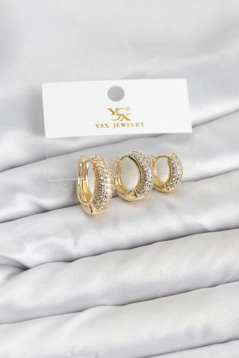 Pirinç Gold Renk Zirkon Taşlı Halka Model YSX Trio Küpe Seti