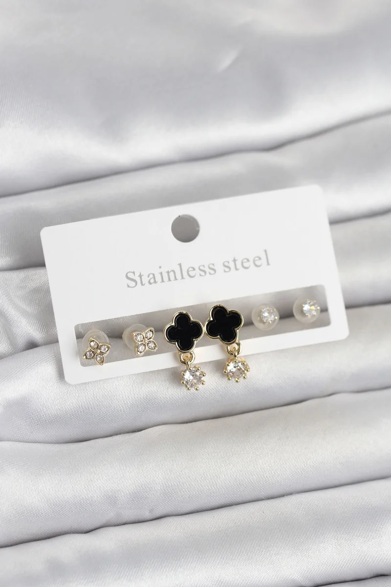 316L Çelik Gold Renk Yonca Detaylı Kadın Küpe Seti