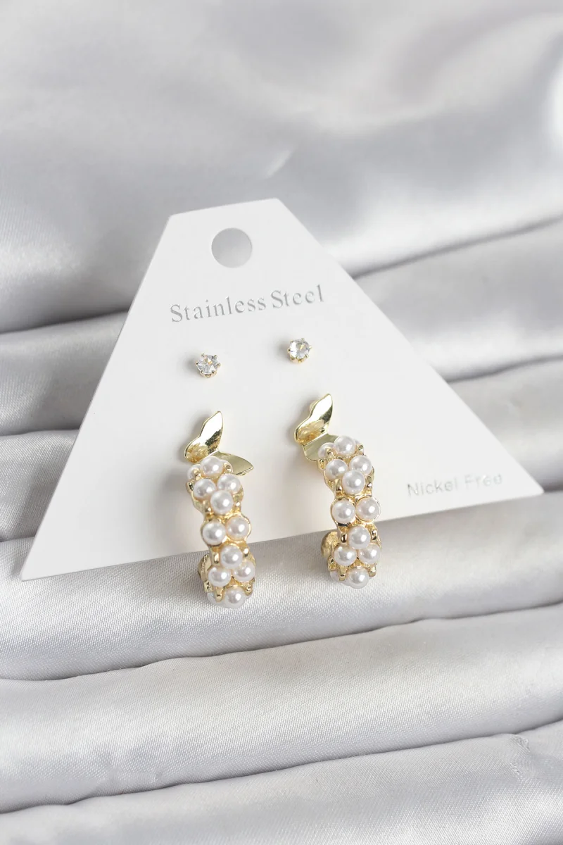 Pirinç Gold Renk Kelebek Detaylı Kadın Küpe Seti