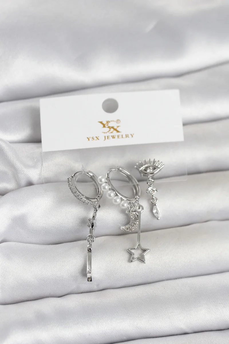 Pirinç Gümüş Renk Zirkon Taşlı Gece Temalı 3'lü Kadın Küpe