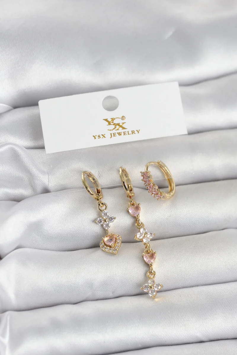 Pirinç Gold Renk Pembe Zirkon Taşlı 3'lü Kadın Küpe