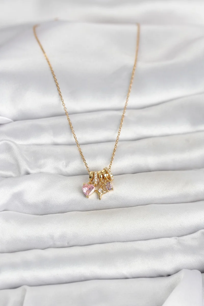 316L Çelik Gold Pembe Zirkon Taşlı Charmlı Kadın Kolye