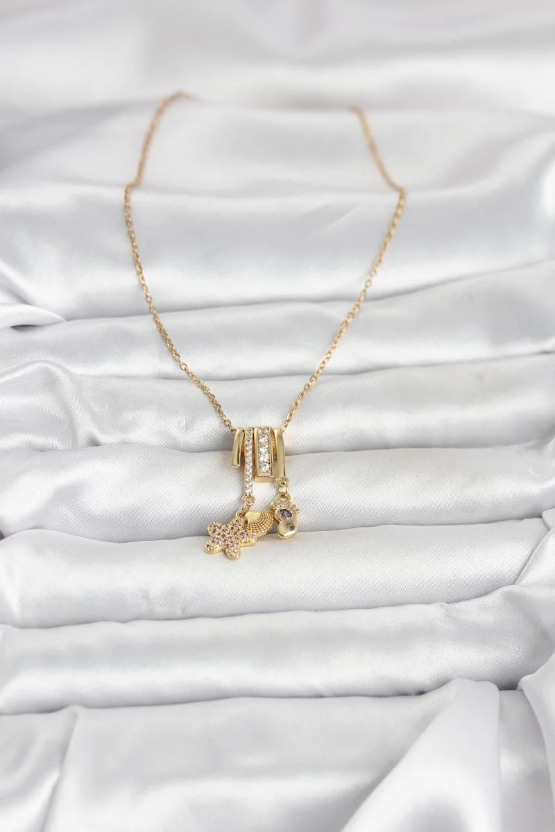 316L Çelik Gold Zirkon Taşlı Deniz Tema Charmlı Kadın Kolye