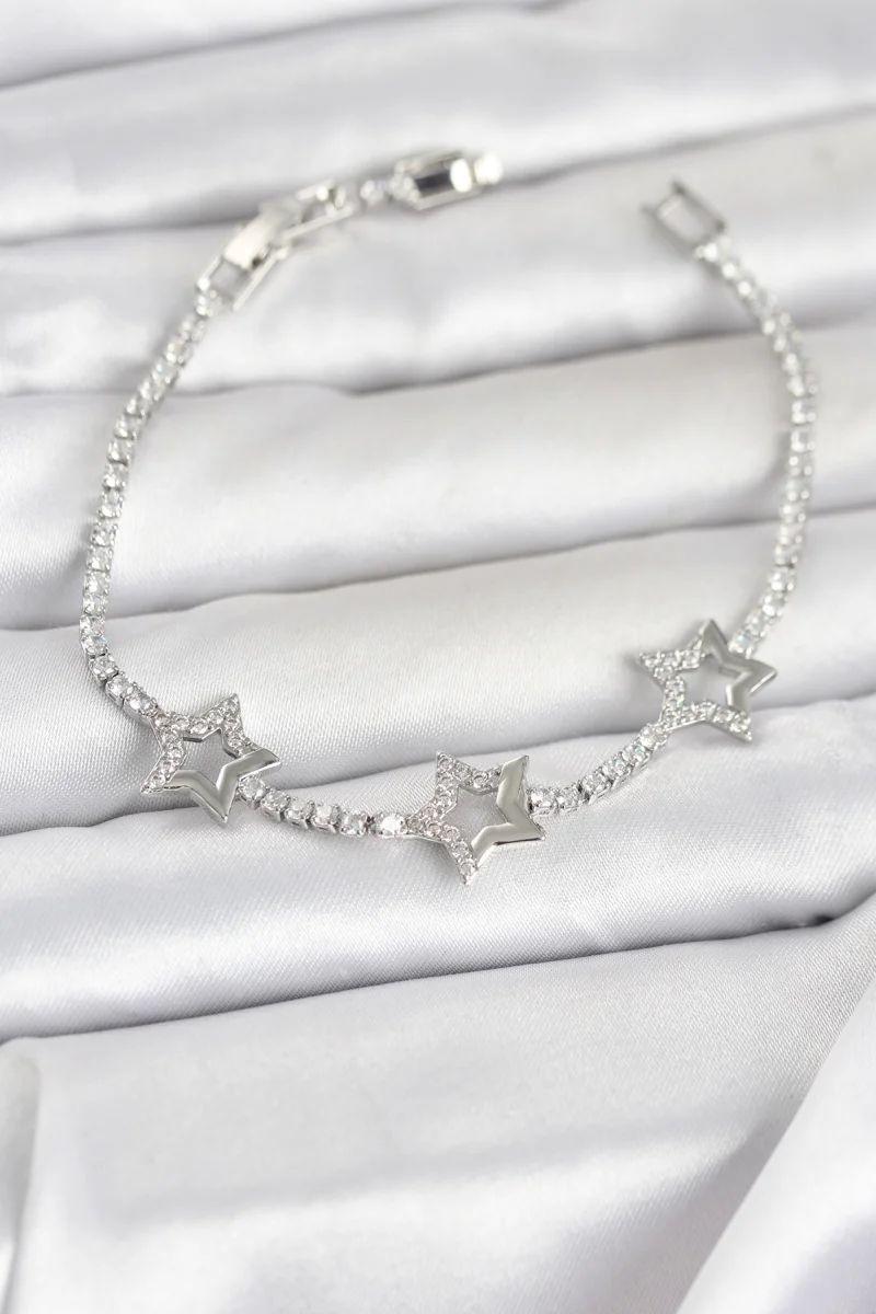 Pirinç Gümüş Renk Yıldız Model Zirkon Taşlı Su Yolu Kadın Bileklik