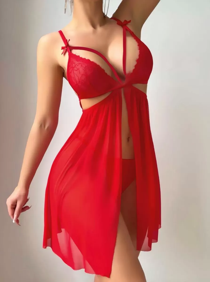 Kırmızı Göğüs İp Detaylı Dantel İşlemeli Tül Gecelik