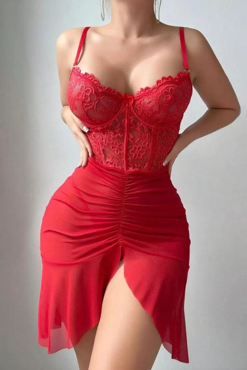 Özel Tasarım Kırmızı Dantel İşlemeli Korse Görünümlü Önden Büzgülü Fantezi Tül Gecelik