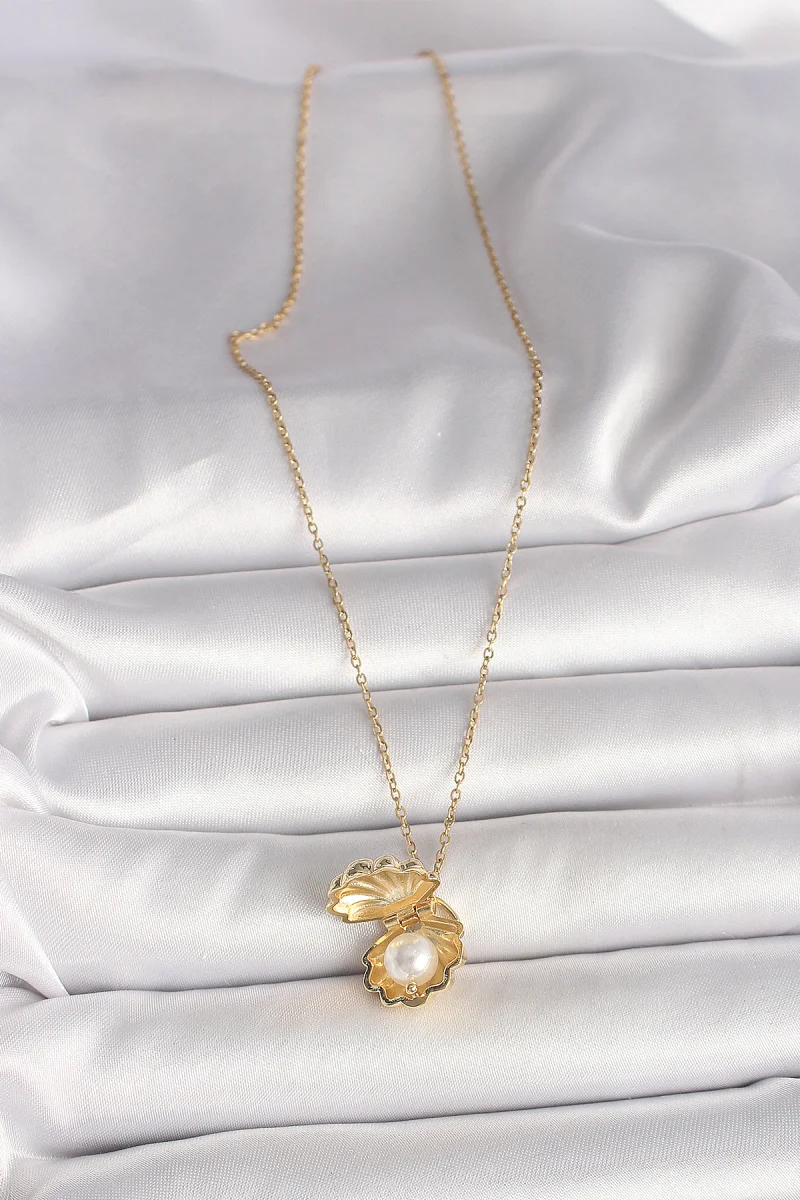 316L Çelik Gold Renk Zincir Açılır İncili Midye Model Kadın Kolye