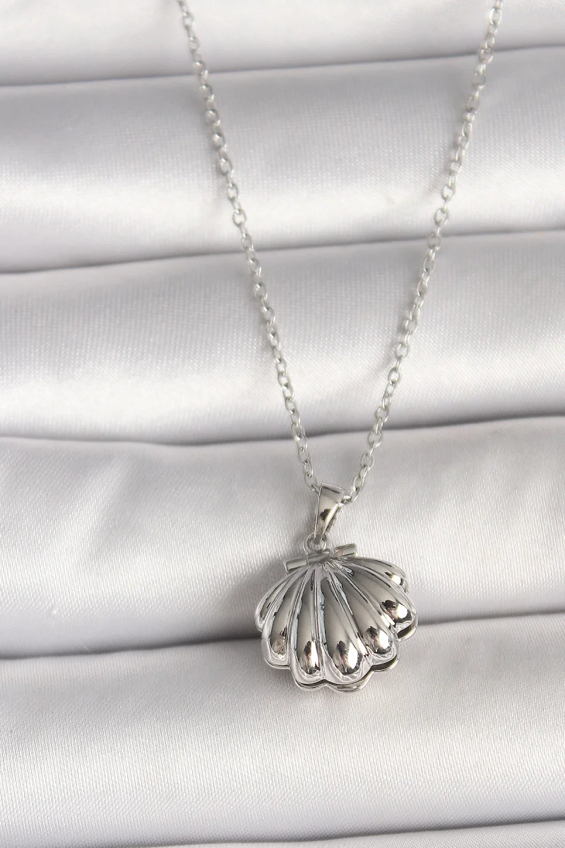 316L Çelik Gümüş Renk Zincir Açılır İncili Midye Model Kadın Kolye