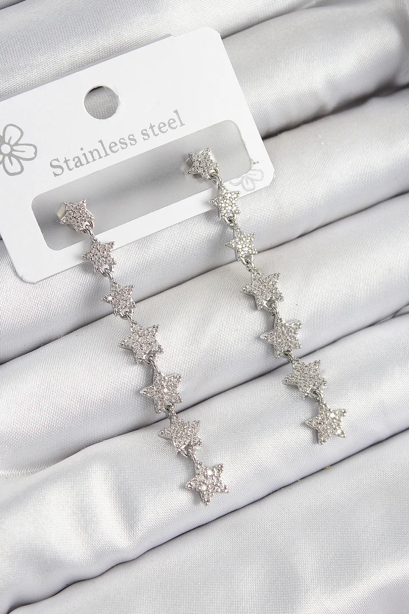 Pirinç Zirkon Taşlı Sallantılı Yıldız Model Gümüş Renk Kadın Küpe