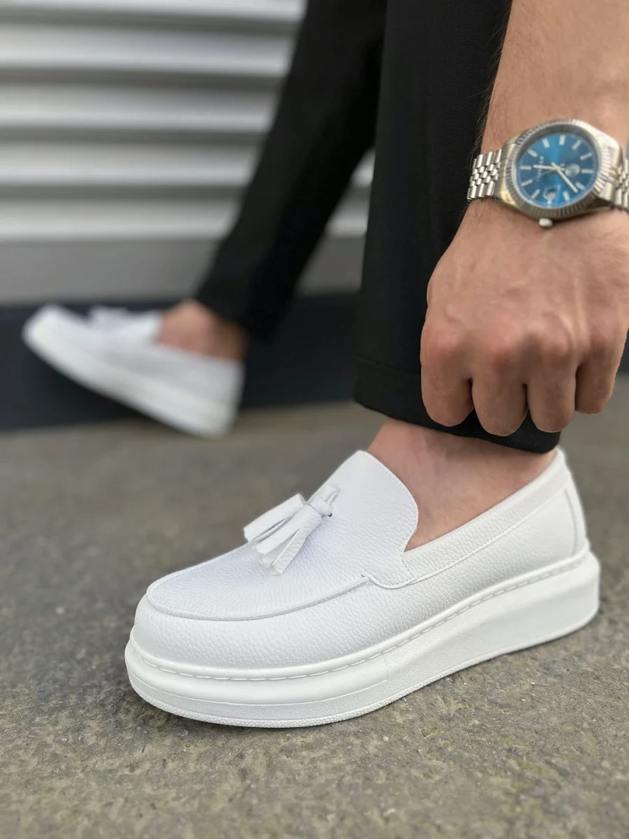 JY154 Blaze Bağcıksız Püsküllü Cilt Erkek Günlük Spor Klasik Ayakkabı CBT - Beyaz