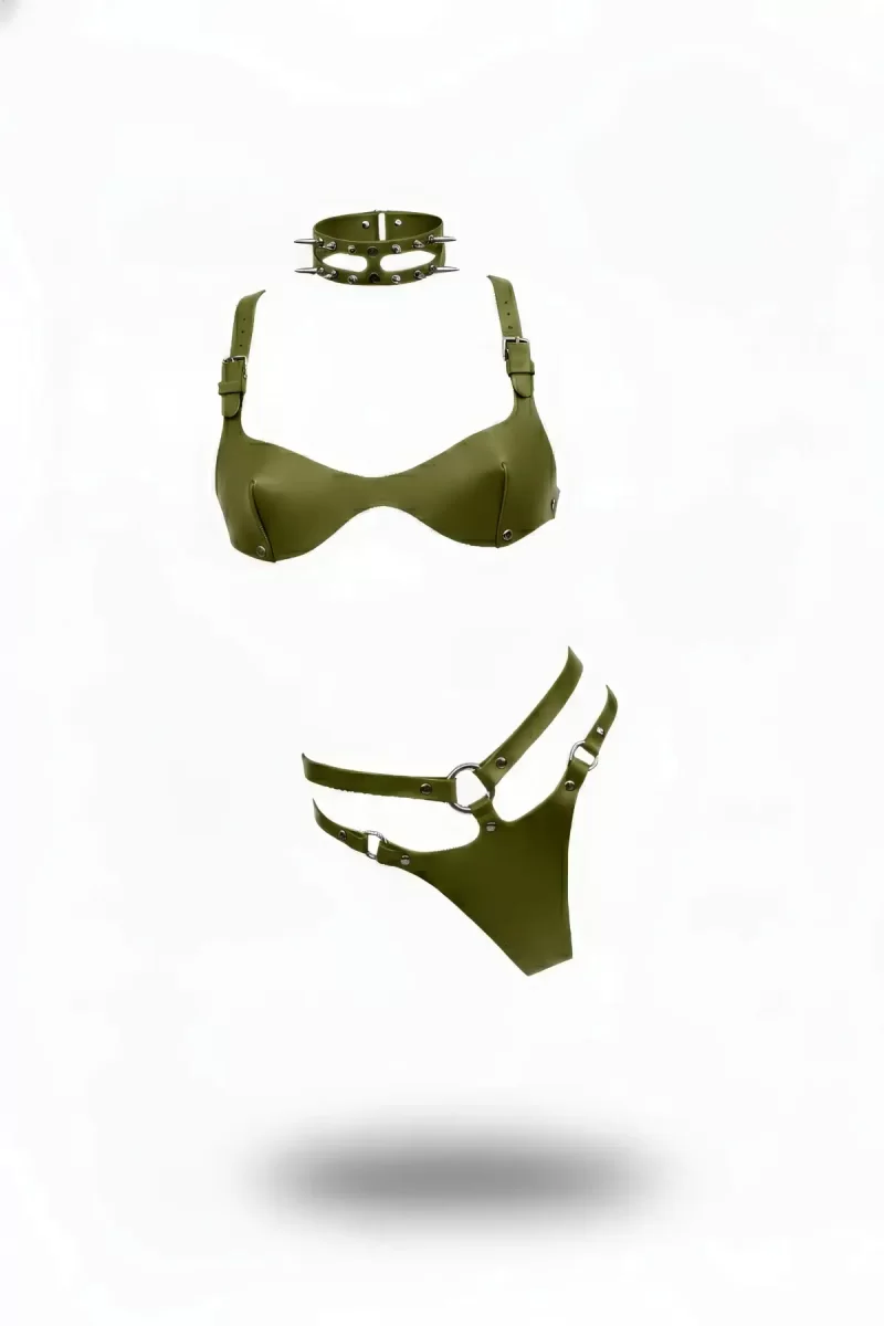 Haki Harness Takım Deri Zımba Detaylı Üç Parça - Brf1298