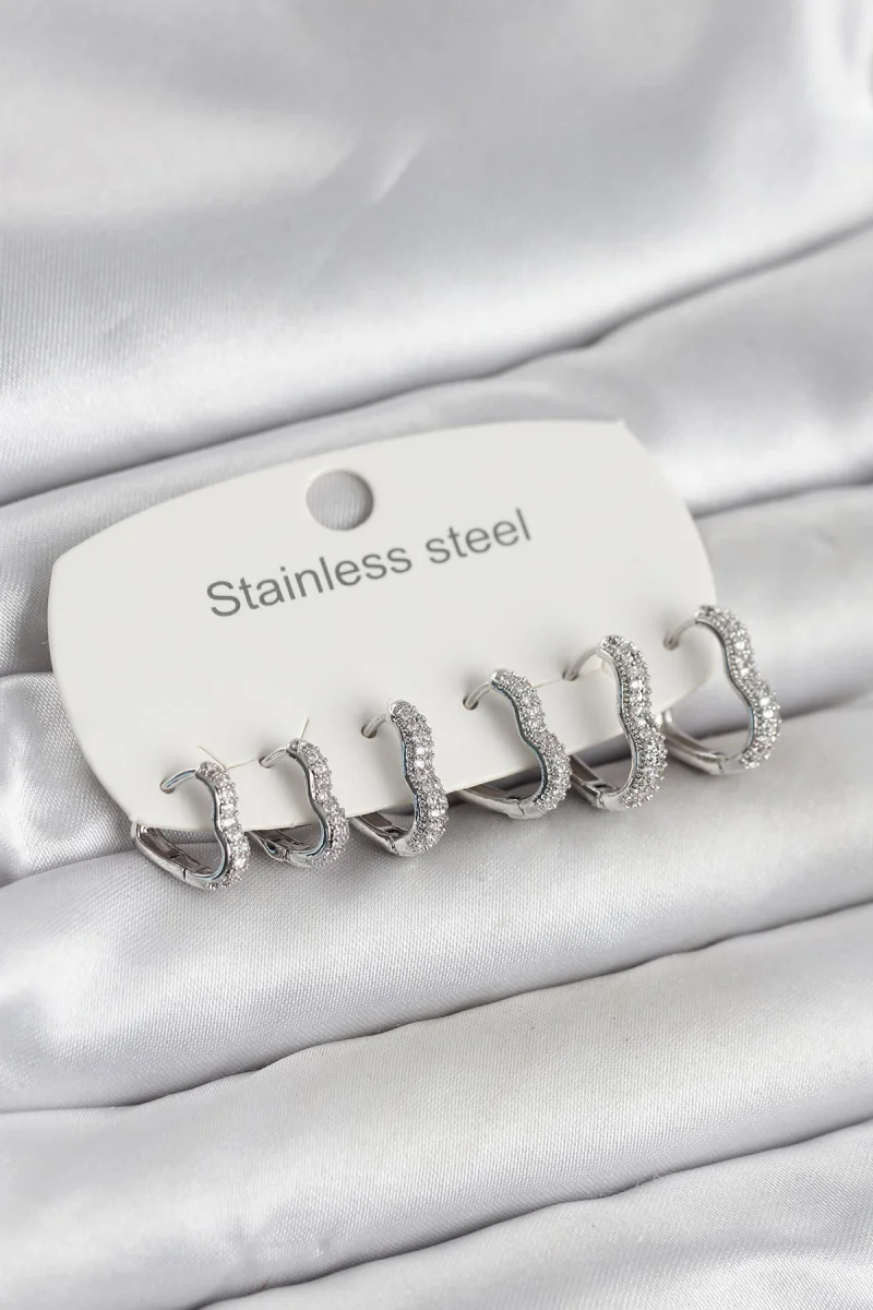 316L Çelik Gümüş Renk 6'lı Set Kalp Form Kadın Küpe