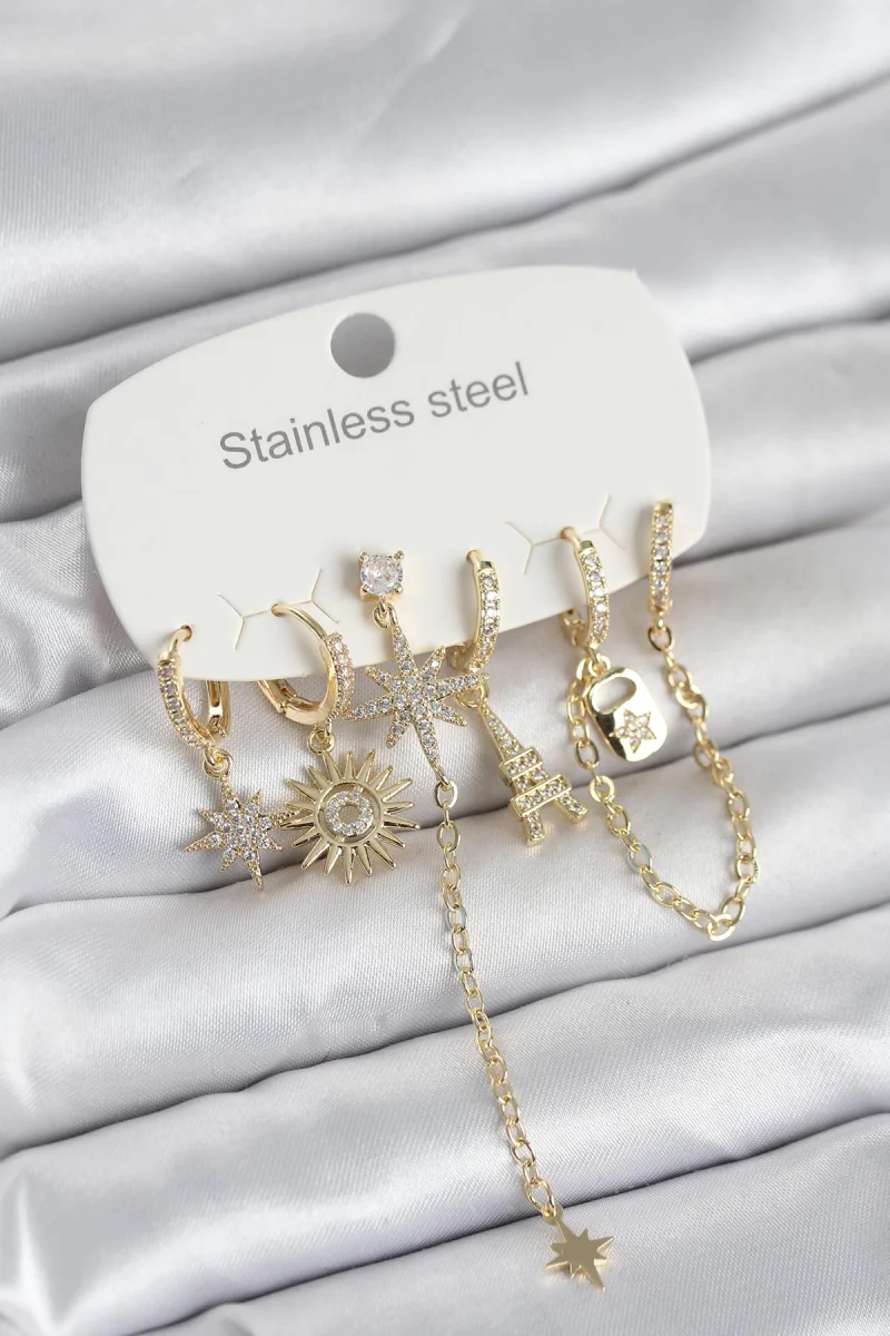 316L Çelik Gold Renk 6'lı Set Charmlı Kadın Küpe